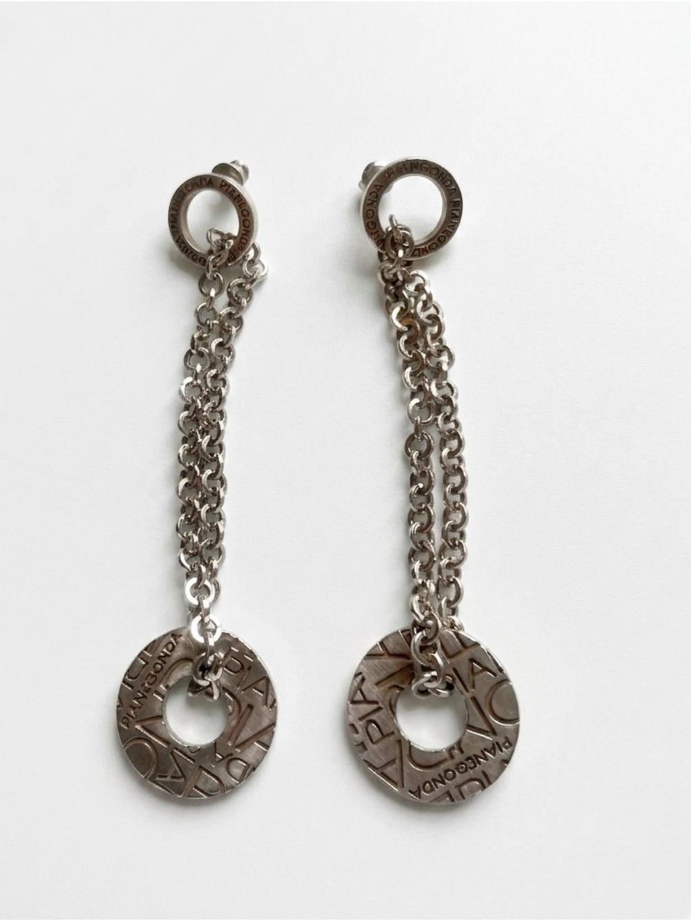 Pianegonda Italy Solid .925 Sterling Silver Logo Charm Dangle Earrings